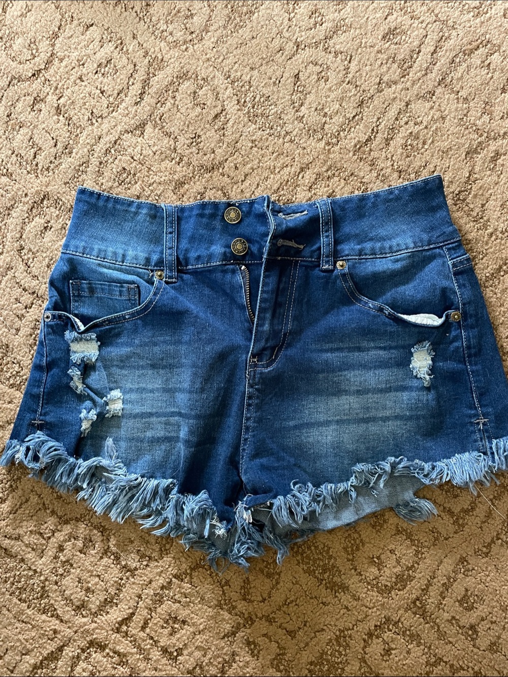 Mid-Rise Distressed Denim Shorts - Blue